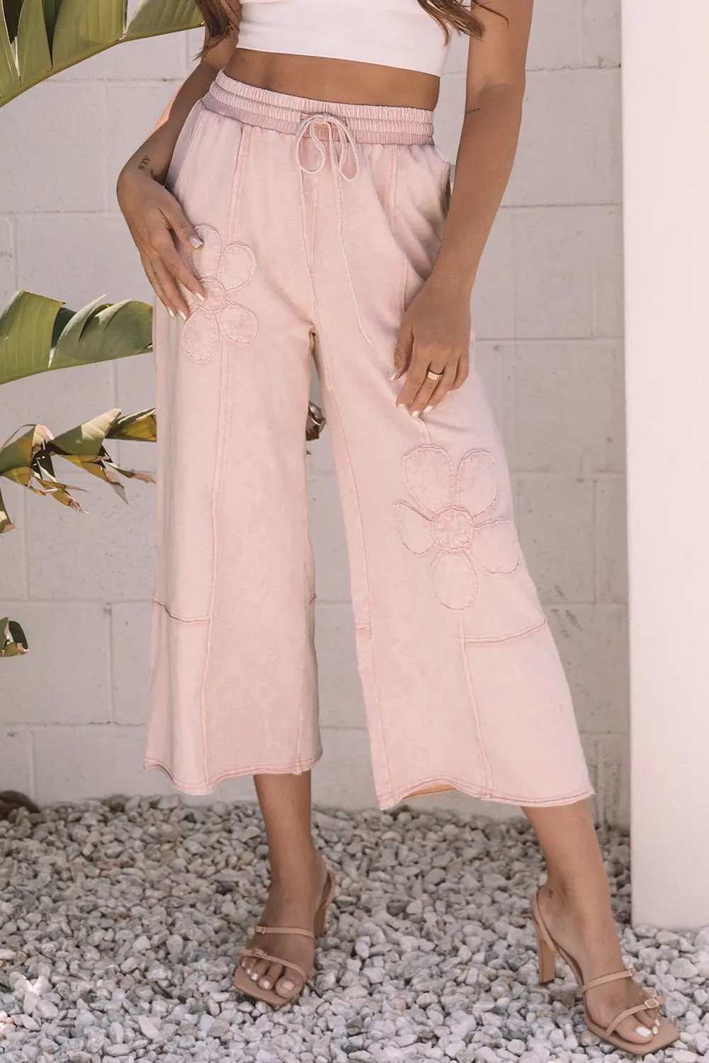 Pink Flower Patch Mineral Washed Terry Knit Cropped Wide Leg Pants Love Salve